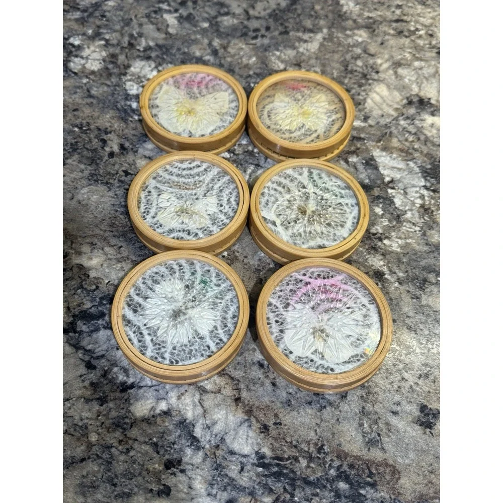 Vintage Butterfly Tray & 6 Coaster Set Pressed Butterfly Botanical Bamboo Tray